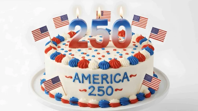 An AI generated image of a white frosted, circle cake against a white background. The cake is decorated with red, white, and blue frosting along the bottom and top edge. The top is covered in red and blue stars sprinkles. On the side of the cake is the words 'America 250' written in blue frosting with red lines on either side of each word. The cake rotates around clockwise, revealing the words are also in the other side of the cake. Small American flag toothpicks are scattered all over the cake. Three large candles are lit on top of the cake. The candles do not rotate with the cake. They stay in place. Each candle is a number; 2, 5, and 0. The candles are a blue to white to red gradient.