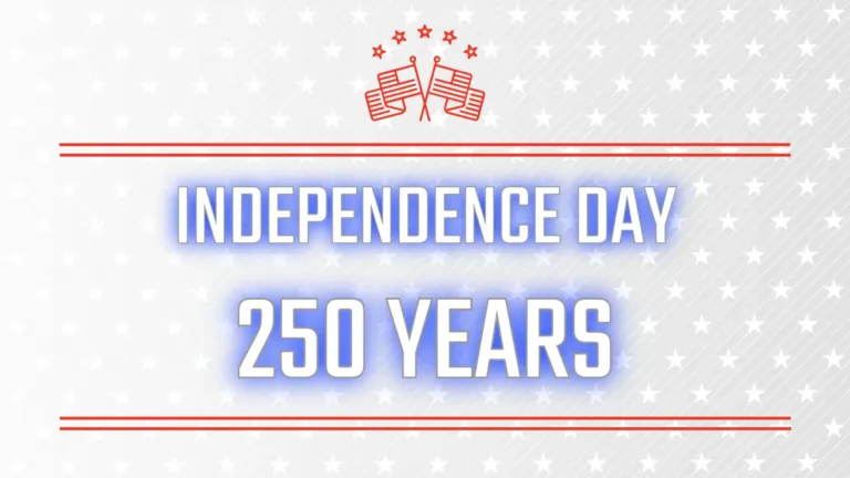The background filled with small, white, five-pointed stars against a gradient background from white to light gray. Text in a bold, white sans font, with a blue drop shadow is in the center. It reads, 'INDEPENDENCE DAY 250 YEARS.' A set of double red horizontal lines flank above and below the text. Centered, above everything, is a red icon of two American flags with five stars arched above them.