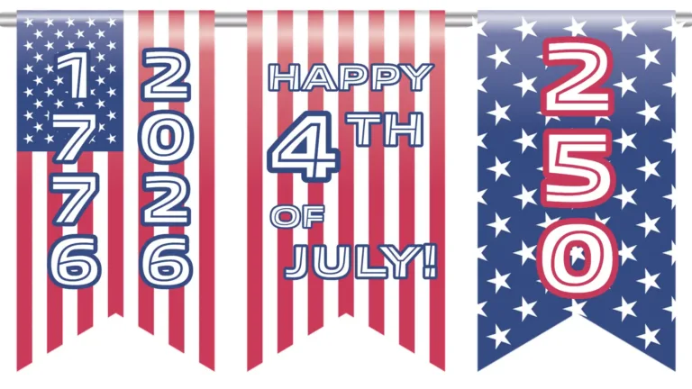 Three clip art hanging banners are lined up horizontally filling the graphic. From left to right the banners are the American flag, the red and white stripes, and blue with white five-pointed stars. The background is solid white. On the left banner there are two years vertically stacked on it:1776 and 2026. The center banner has the message, "Happy 4th of July!" A bold, white, inline, sans font with a blue outline was used. The right banner has the number 250 vertically stacked on it. It uses the same white font, but has a red outline.
