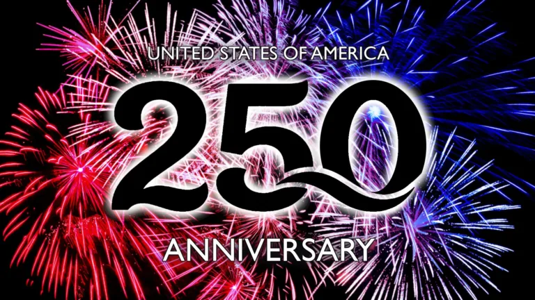 A photo of red, white, and blue fireworks against a black night sky. Filling the center of the graphic is 250 in bold black numbers with a white drop shadow. Above the number says, "UNITED STATES OF AMERICA," and below says, "ANNIVERSARY." An all-caps, white, sans font was used with a tin black outline.