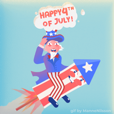 A digital drawing of Uncle Sam riding a firecracker like a horse. He is waving his top hat around. The firecracker also has a happy have on it. Above both is a white cloud. In the cloud says, "Happy 4th of July!" In red sans letters. Small red white and blue circle fireworks explode in against the light blue background.