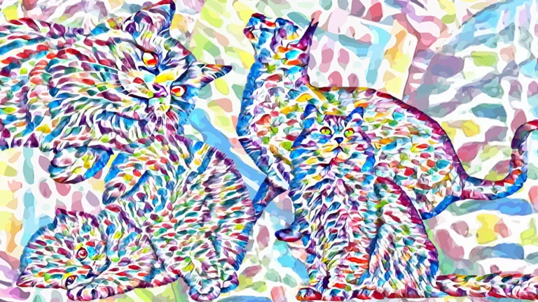 AI generated image with figures of four different cats covering the image. The cats are all made of a rainbow of dots. The background is also filled with the same rainbow dots, just larger and less bold.