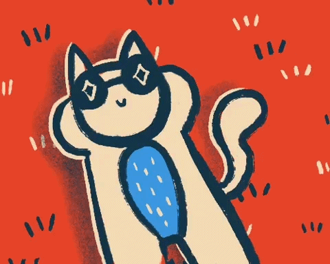 An illustration of a cat laying on its back as if it was sunbathing is covering majority of the gif. It looks like the cat is drawn on a light tan piece of paper that has been cut out and is slightly floating above the rest of the gif. The cat's tail waves throughout the gif. The cat is drawn in thick navy lines, is wearing round sunglasses, and has a light blue belly. The ground behind the cat is a red-orange color with three lines of grass scattered around in navy or tan.