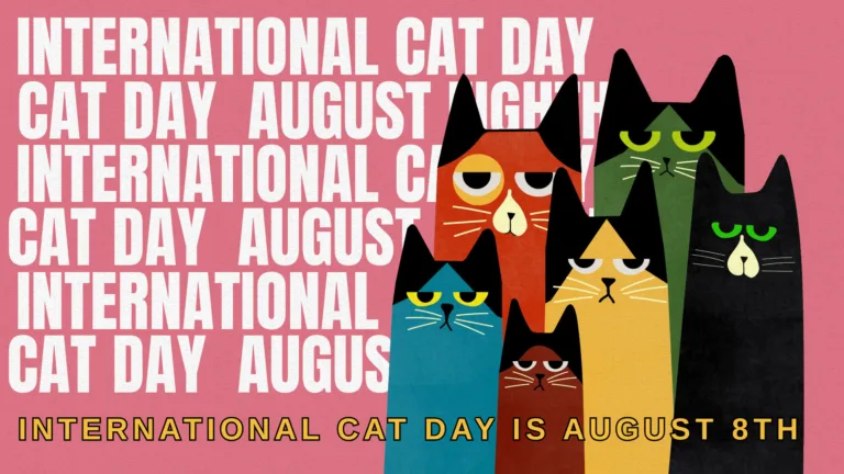 A drawing of six cat figures sit on the right side. The cats are different colors: green, yellow, black, orange, teal, and brown. All of them are facing forward with an unimpressed look on their face. Behind the cats and filling the rest of the image are six lines of large, white, bold sans text that says, International Cat Day August Eight.' Along the bottom edge, in smaller text, says 'International Cat Day is August 8th.' That text uses a bold, yellow, sans font with a black outline.