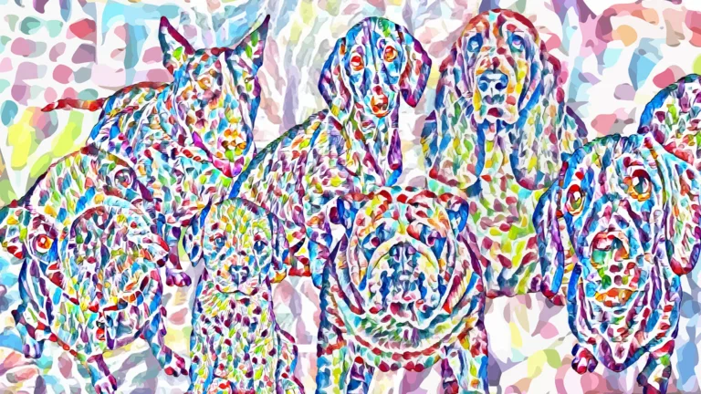 AI generated image with figures of seven different dogs covering the image. The dogs are all made of a rainbow of dots. The background is also filled with the same rainbow dots, just larger and less bold.