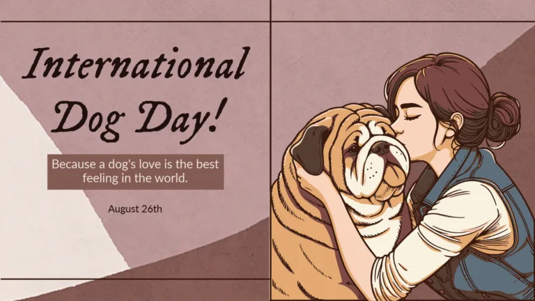 An illustration of a woman kissing her bulldog's cheek covers the right side. On the left is a message: International Dog Day! A dark brown, italic, serif font was used. The alight brown rectangle is below the text. In the rectangle is the sentence, 'Because a dog's love is the best feeling in the world.' That uses a off-white sans font. Below the rectangle is the data August 26th. That uses the same sans font, but black. The background has three large block sections of solid colors. Along the left edge is an off-white triangle. The top and into the center is covered in a dusty, muted pink triangle. The right side and bottom edge is a brown triangle. A thin, dark brown line are horizontally across the graphic's top and bottom, and vertically in the center.