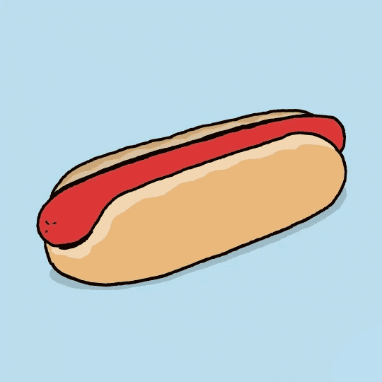 A light blue background with a drawing of a red hot dog sitting in a tan bun sits in the center. The toppings of the hot dog keep changing. They go from nothing to a line of mustard, then relish, tomatoes, pickles, and sesame seeds, then chili and mustard, bacon, just cheese, ketchup and mustard, beans, and lastly just relish.