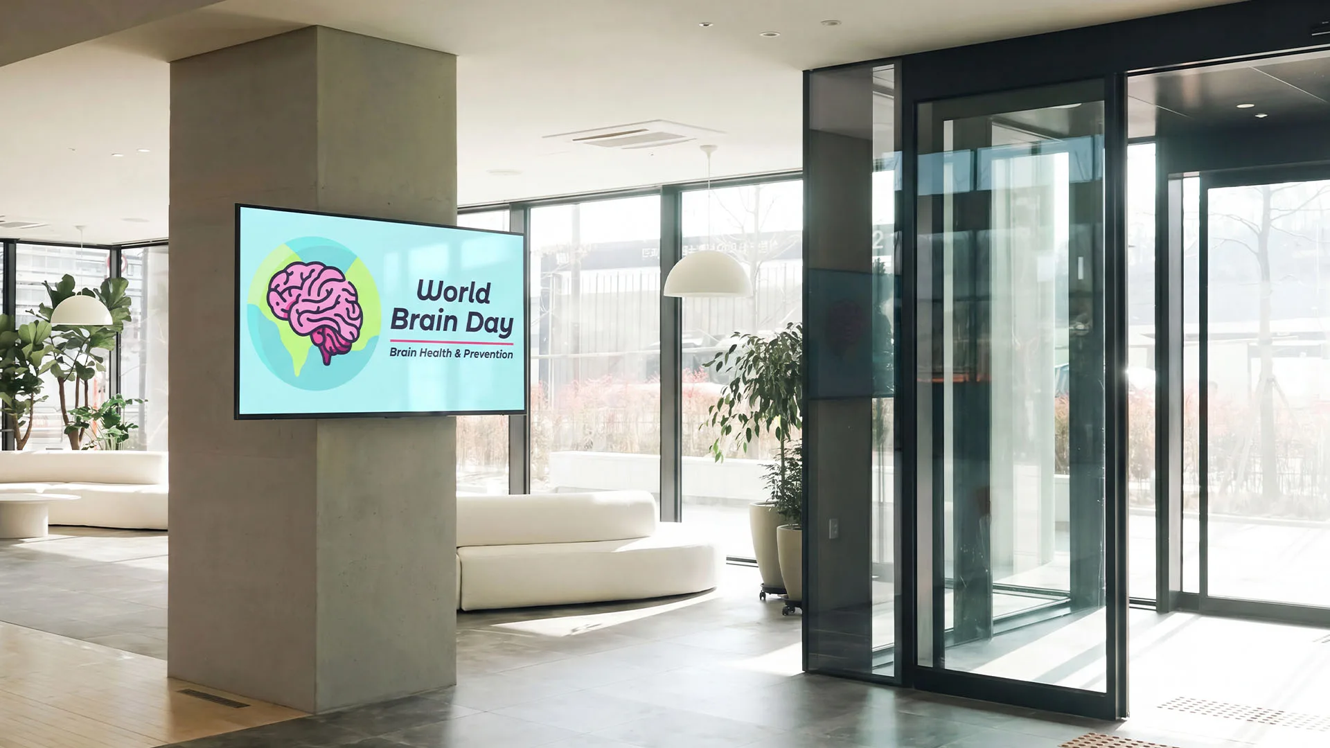 A lobby with glass walls and doors, modern white curvy sofas and potted trees. A parge cement pillar is on the left side of the photo. On the pillar is a horizontal screen with a World Brain Day graphic on it.