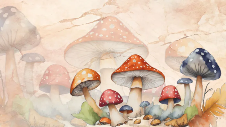 An AI generated image of colorful mushrooms. The mushrooms are in the bottom right corner and stretch over into the center of the graphic. The artwork is stylized as watercolor. The same mushrooms have been enlarged to cover the entire background and faded out. The entire background is light tan with a aged paper texture.