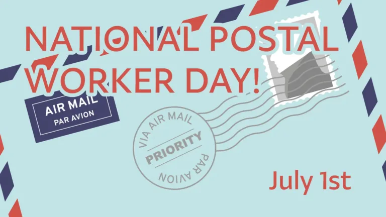 A dusty, light blue background that is as a graphic if an envelope tilted, and filling the entire graphic background. The envelope is the same dusty blue, but has red and blue dashed edges that define it. A navy stamp is in it's top left corner and says, "AIR MAIL FOR AVION" in white sans letters. The Top left corner has a postage stamp of a silhouette. A gray mail stamp covers the center, and the postage stamp. It reads, "VIA AIR MAIL PRIORITY." Left aligned over the top edge of the graphic says, "NATIONAL POSTAL WORKER DAY!" in large, red sans letters. July 1st is smaller, in the bottom right corner.