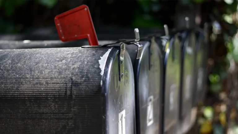 A photo of at least five of the same black, metal mail boxes lines up next to each other. The closest mailbox to the camera is in focus near the bottom left corner to the center. It has a red flag sticking up. The rest of the mail boxes become more out of focus the farther away from the front box they get.