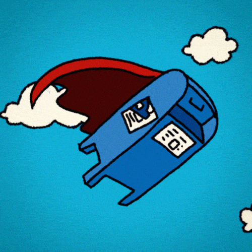 A teal sky background with fluffy white clouds. A standing, US Postal envelop box is flying with a red cap like a super hero. The gif is drawn ind a comic style.