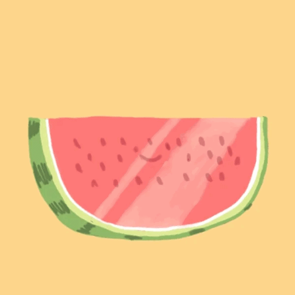 A light, solid, golden colored background. An illustration of a half-circle slice of watermelon is tilting back and forth in the center of the gif. Occasionally a couple lines of light reflections move across the fruit. A happy face has been drawn onto the watermelon.