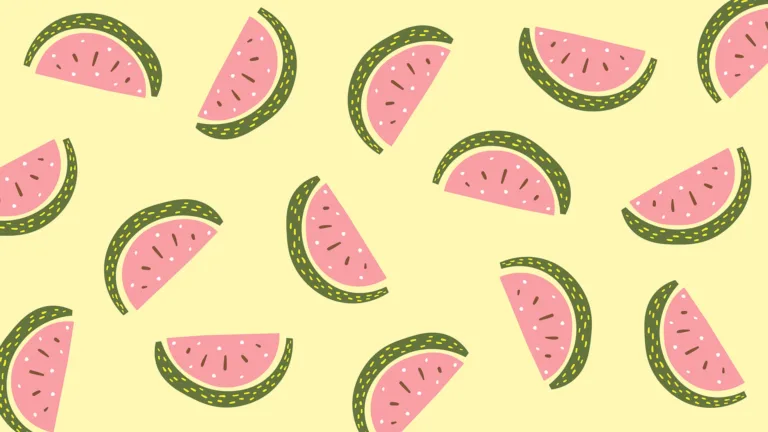 A light, pastel yellow background with drawings of half-circle slices of watermelon illustrations scattered a crossed it. The watermelons have light pink flesh and sage green rinds.