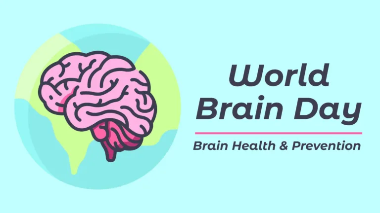 A solid light blue background with a clip art image of the Earth filling the left side. The Earth's water is a similar color to the background and its land is light green. Over top it is a large pink brain. Centered aligned on the right side is text. "World Brain Day" is large and at the top. Then, 'Brain Health & Prevention' is below in smaller text. A red horizontal line separates the two. A bold, navy, italic font was used for all the words.