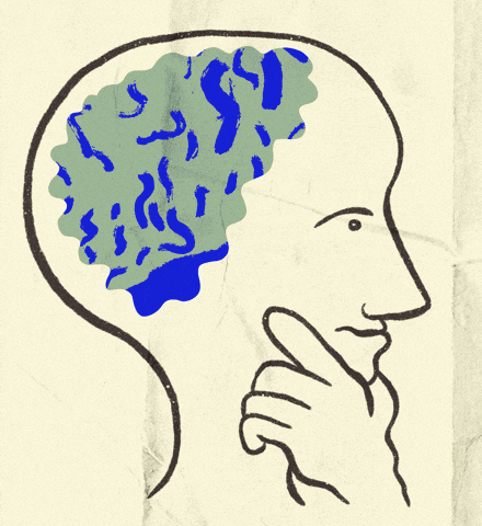 A aged paper background. A black link drawing of a person's head fills the gif. The Face of the person is looking to the right and their hand is reaching up and cupping their chin as if they were thinking. Inside the head is the shape of a brain. The brain keeps changing what image is filling it. The images change from a solid blue, to a blue an orange, an orange an yellow, yellow with black zig-zags, white with blue zig-zags, red with blue zig-zags, sage with blue wavy lines, sage and blue, blue with red wavy lines, red with blue wavy lines, blue with red zig-zags, red and blue, white with black zig-zags, yellow and black and so on.