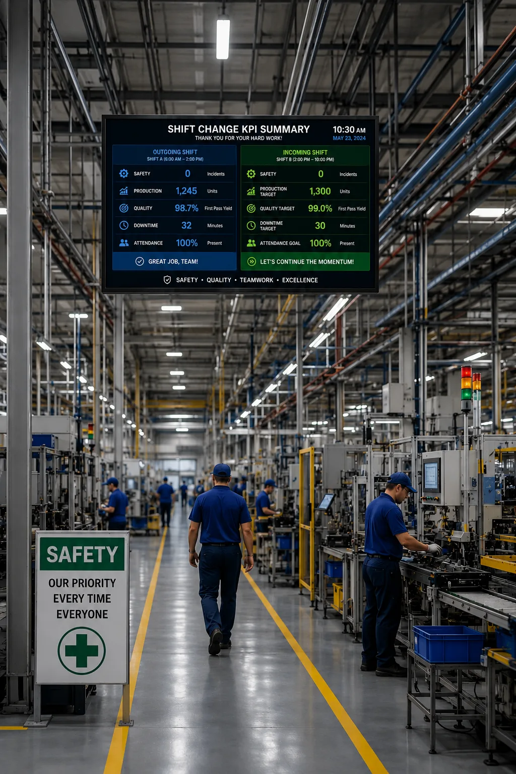 digital signage for manufacturing shift change kpi information streamlining communications arreya