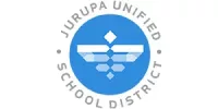 Blue Circle logo with a flag light pattern in the center, with the words Jurupa Unified School District wrapping around the circle